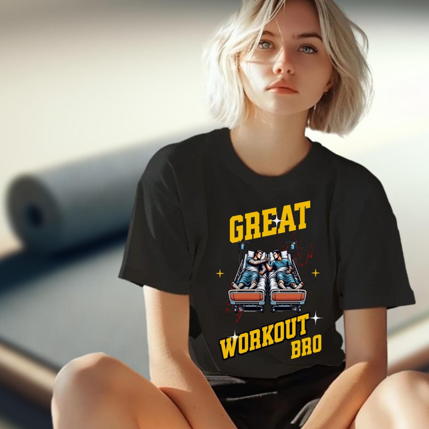 "Bold gym T-shirt featuring the slogan 'Great Workout Bro,' capturing fitness humor and motivation for workouts and training sessions."