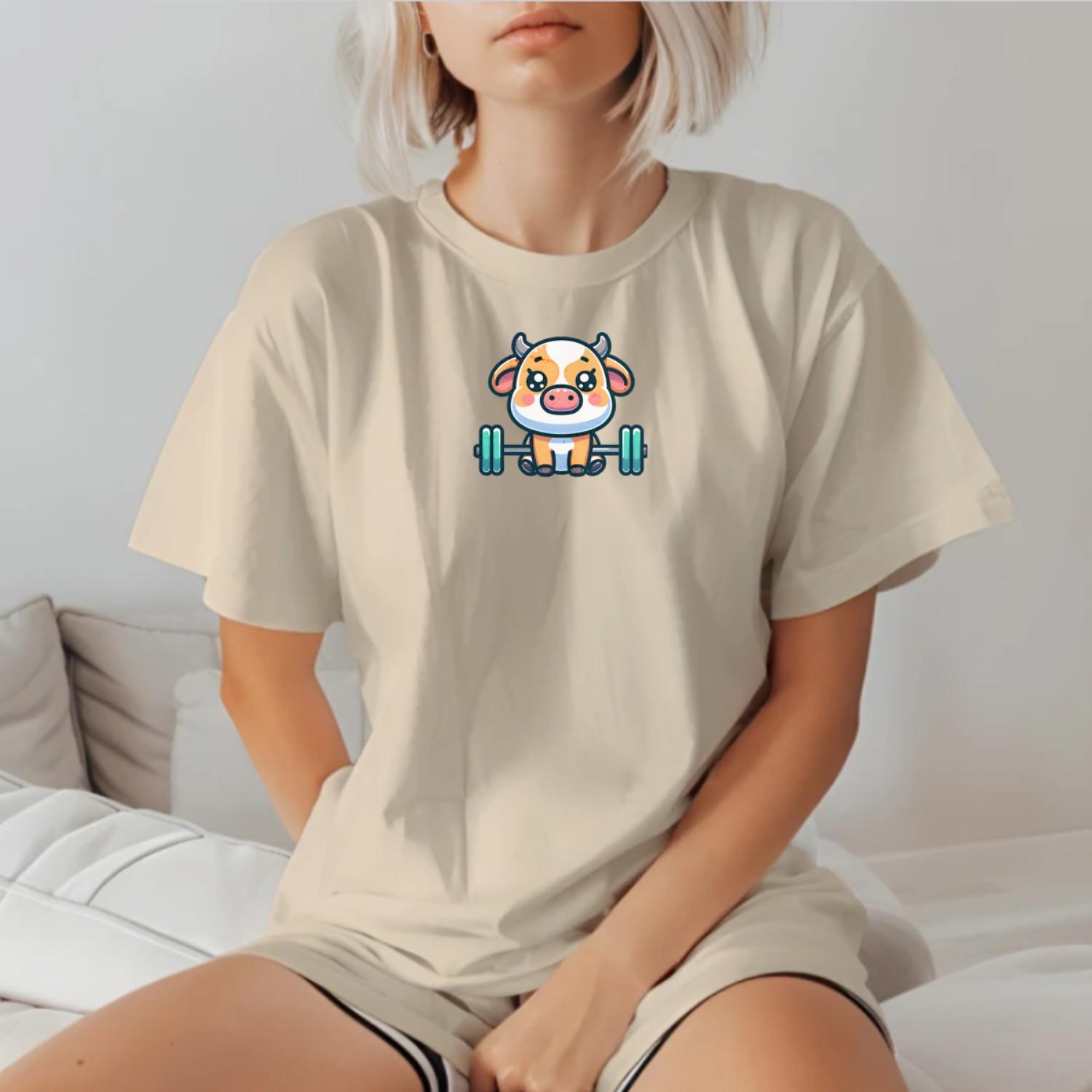 "Adorable Cow Gym T-Shirt featuring a cute cow lifting weights, perfect for fitness enthusiasts who enjoy humor and unique style."