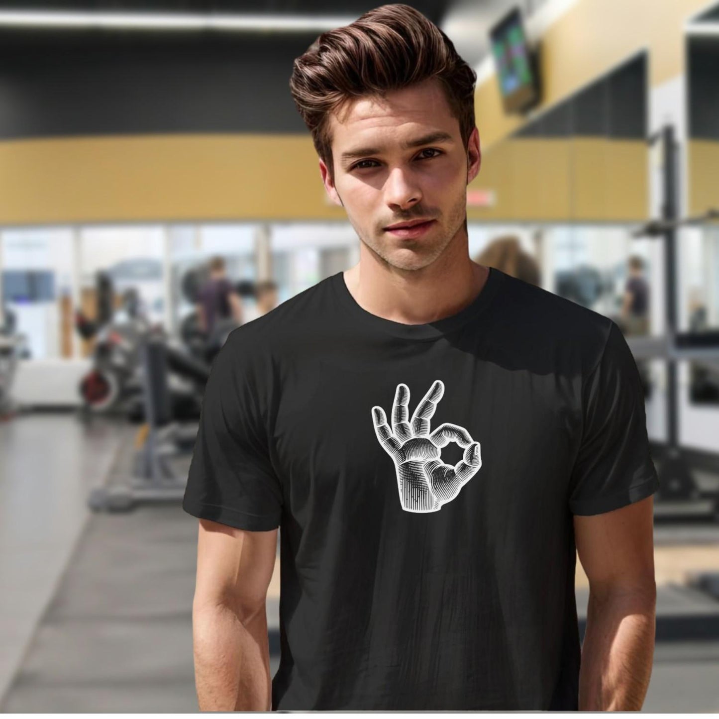 Alt text: "Bold graphic gym t-shirt featuring expressive hand design, perfect for fitness enthusiasts. Motivational workout apparel for lifting, running, and stretching."