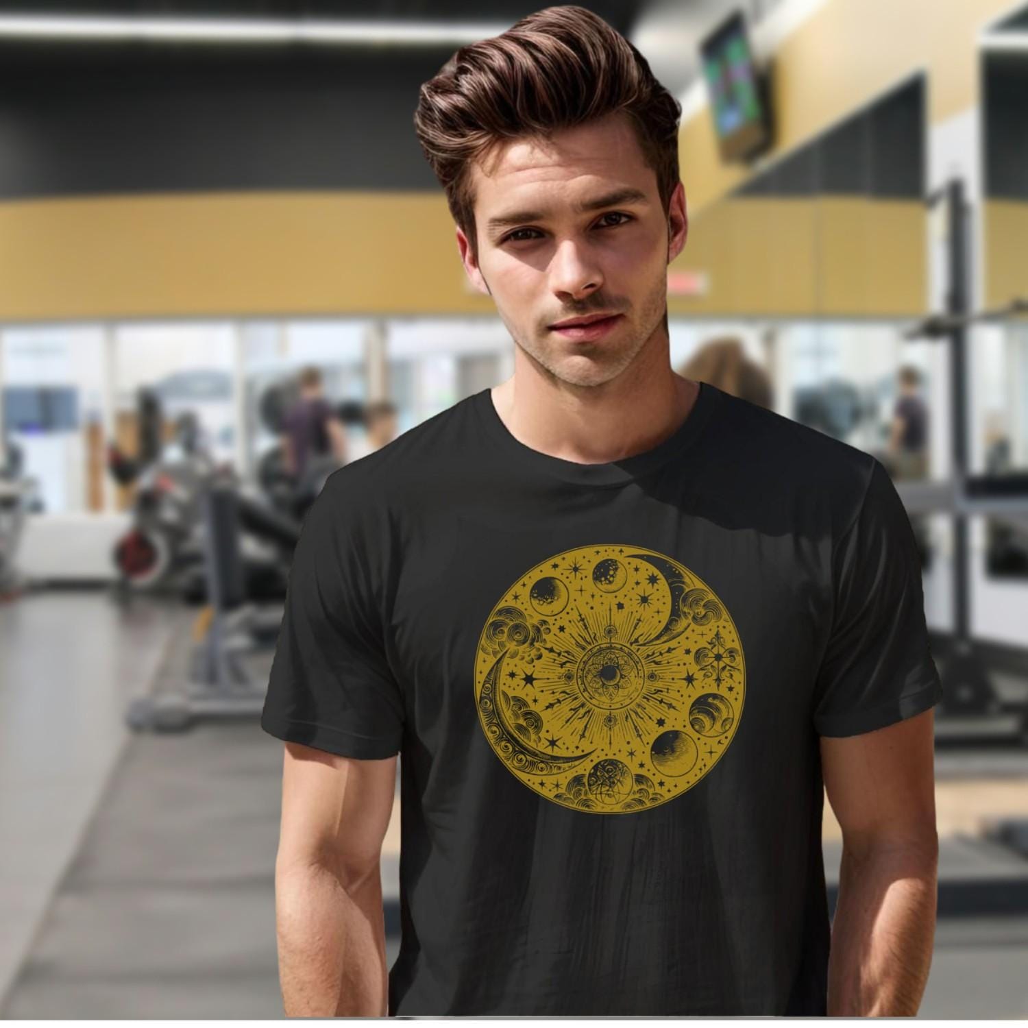"Celestial-themed gym T-shirt featuring a vibrant graphic of the universe, perfect for fitness enthusiasts seeking cosmic inspiration."
