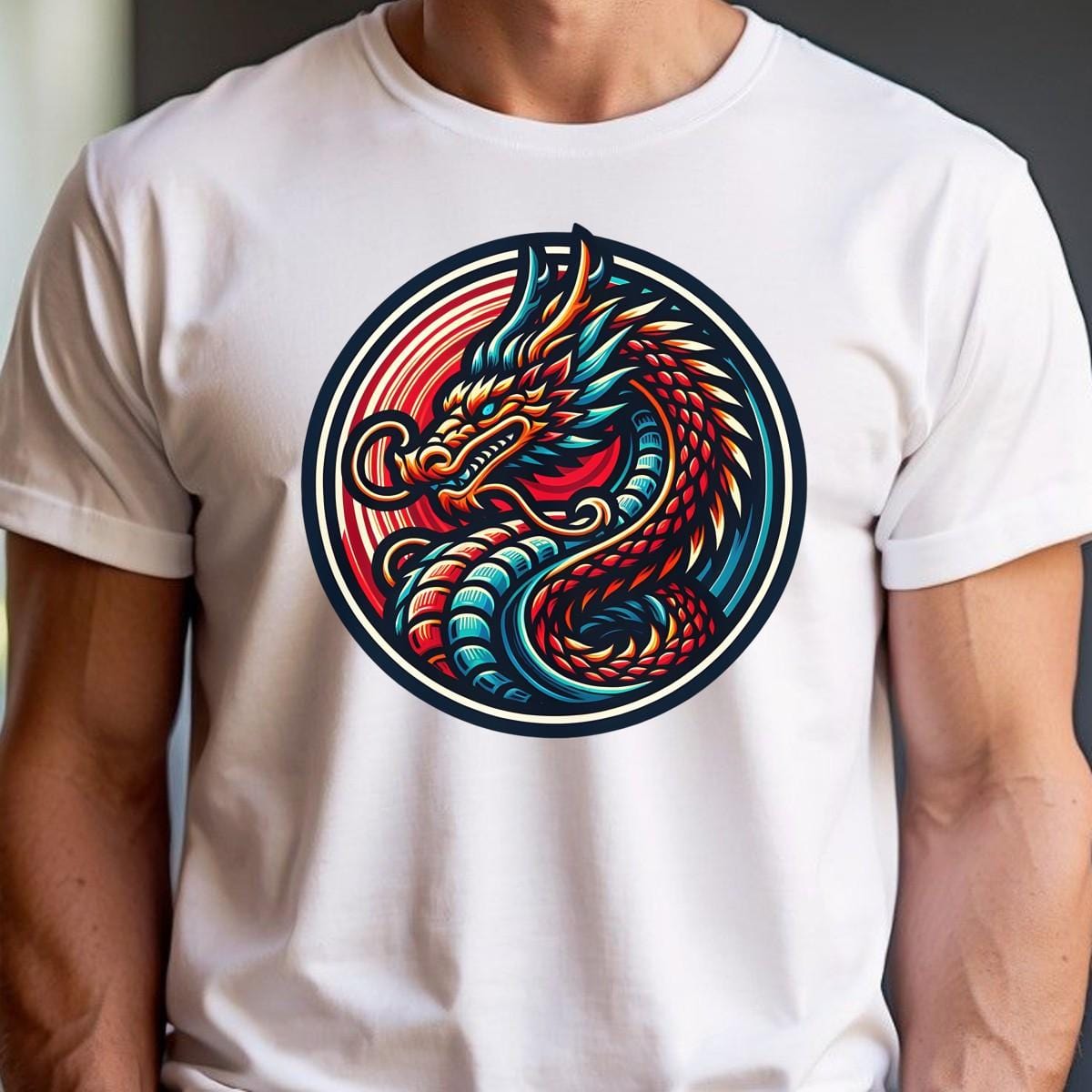 "Vibrant Dragon Gym T-Shirt featuring a fierce dragon graphic, symbolizing power and resilience for fitness enthusiasts. Bold workout apparel."