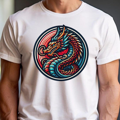 "Vibrant Dragon Gym T-Shirt featuring a fierce dragon graphic, symbolizing power and resilience for fitness enthusiasts. Bold workout apparel."