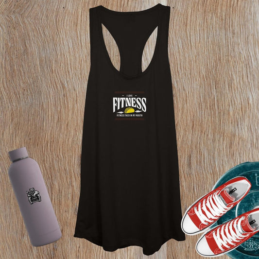 Alt text: "Playful 'I Love Fitness' tank top featuring fitness and taco designs. Perfect for workouts and casual wear, showcasing your active lifestyle."