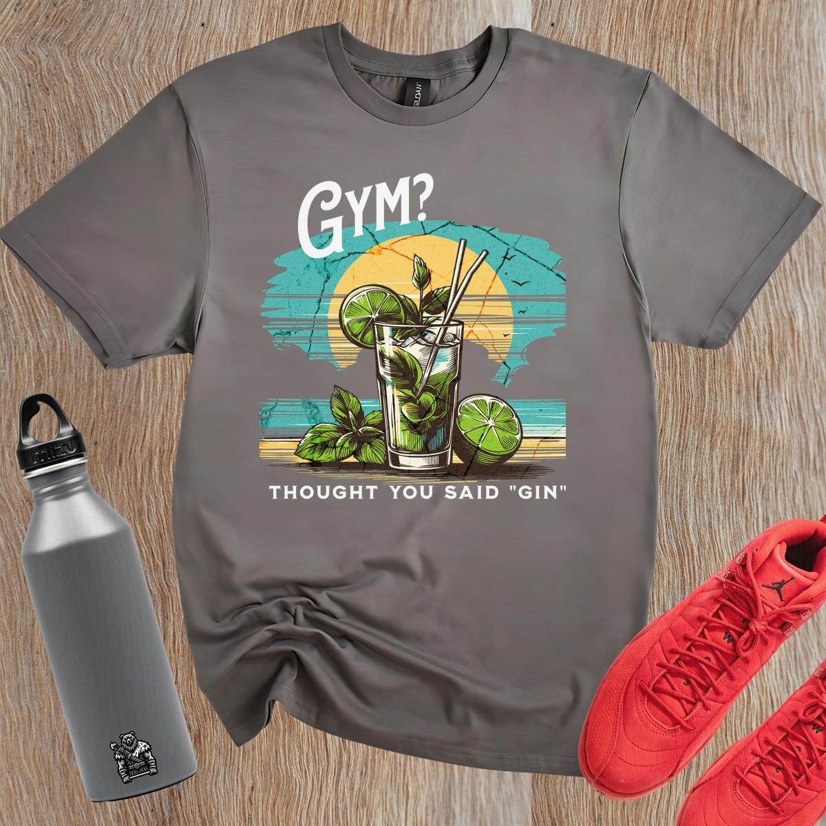 "Vibrant gym T-shirt featuring a colorful cocktail design with the playful phrase 'I thought you said “gin”!' Ideal for fitness lovers."