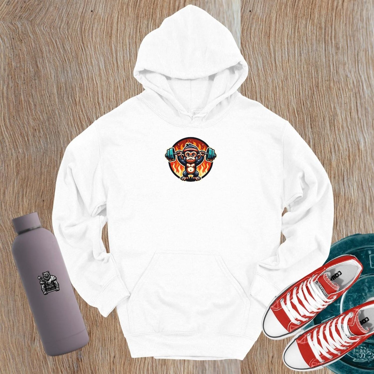 Alt text: "Vibrant gym hoodie featuring a fierce lifting monkey design, ideal for workouts and casual wear, embodying motivation and fitness."