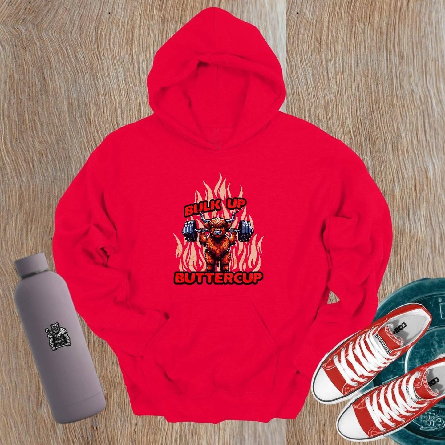 "Bulk Up Buttercup hoodie featuring a bold graphic design showcasing strength and fitness motivation, perfect for gym enthusiasts."