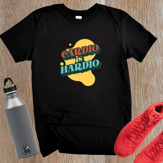 Alt text: "Energetic fitness T-shirt featuring bold 'Cardio is Hardio' slogan, perfect for gym enthusiasts, motivating workouts and casual wear."