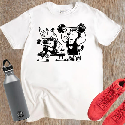 "Playful gym T-shirt featuring a trio of fitness-loving animals, combining fun and comfort for gym enthusiasts and workout motivation."