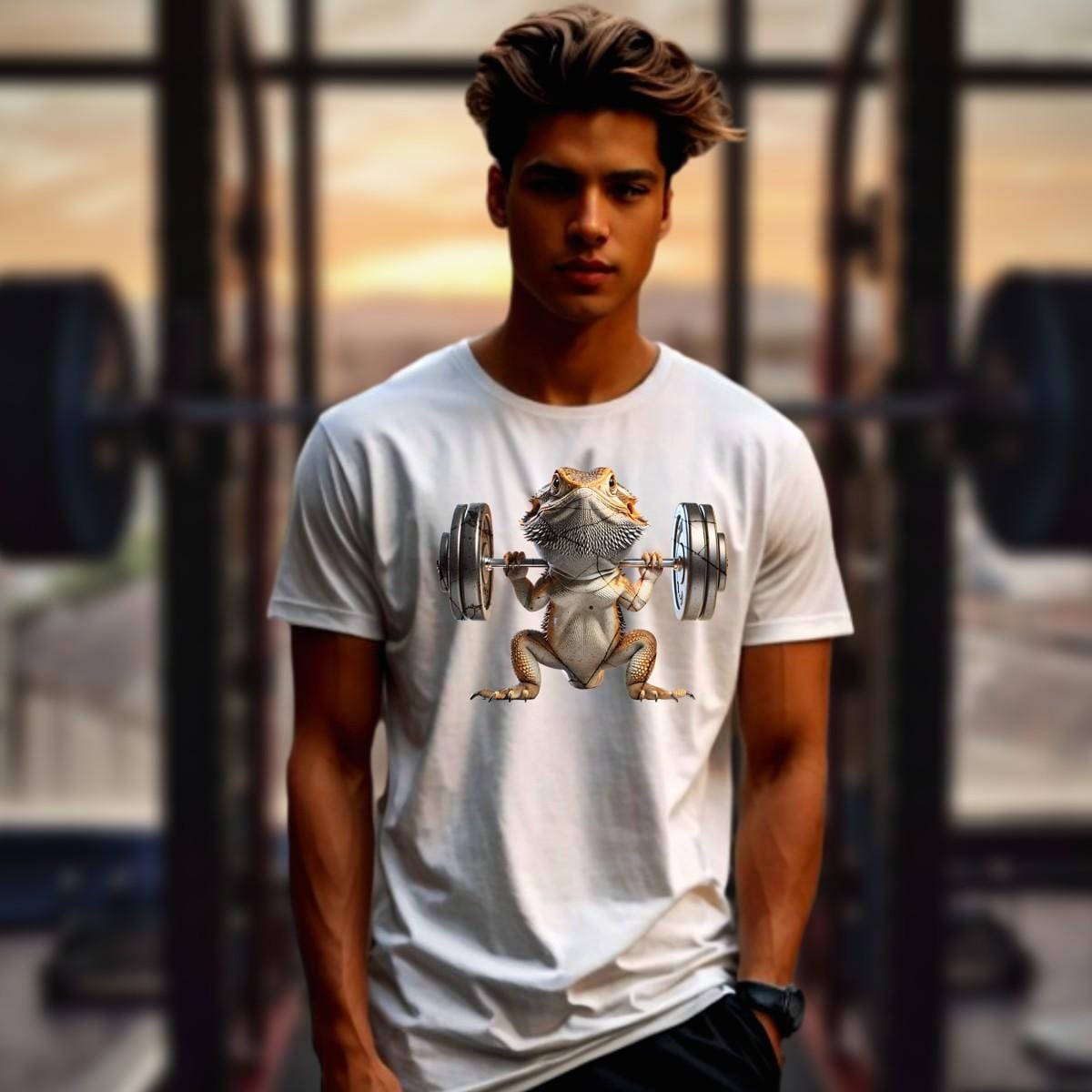 "Gym t-shirt featuring a vibrant lizard lifting weights, showcasing strength and individuality, ideal for gym enthusiasts and reptile lovers."