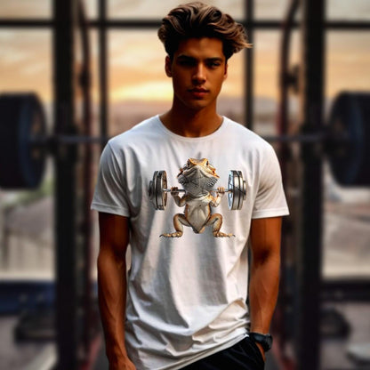 "Gym t-shirt featuring a vibrant lizard lifting weights, showcasing strength and individuality, ideal for gym enthusiasts and reptile lovers."