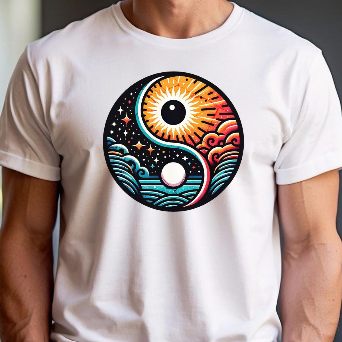 "Dynamic yin-yang graphic T-shirt for workouts, symbolizing balance and strength. Perfect for lifting or yoga, showcasing fitness style."