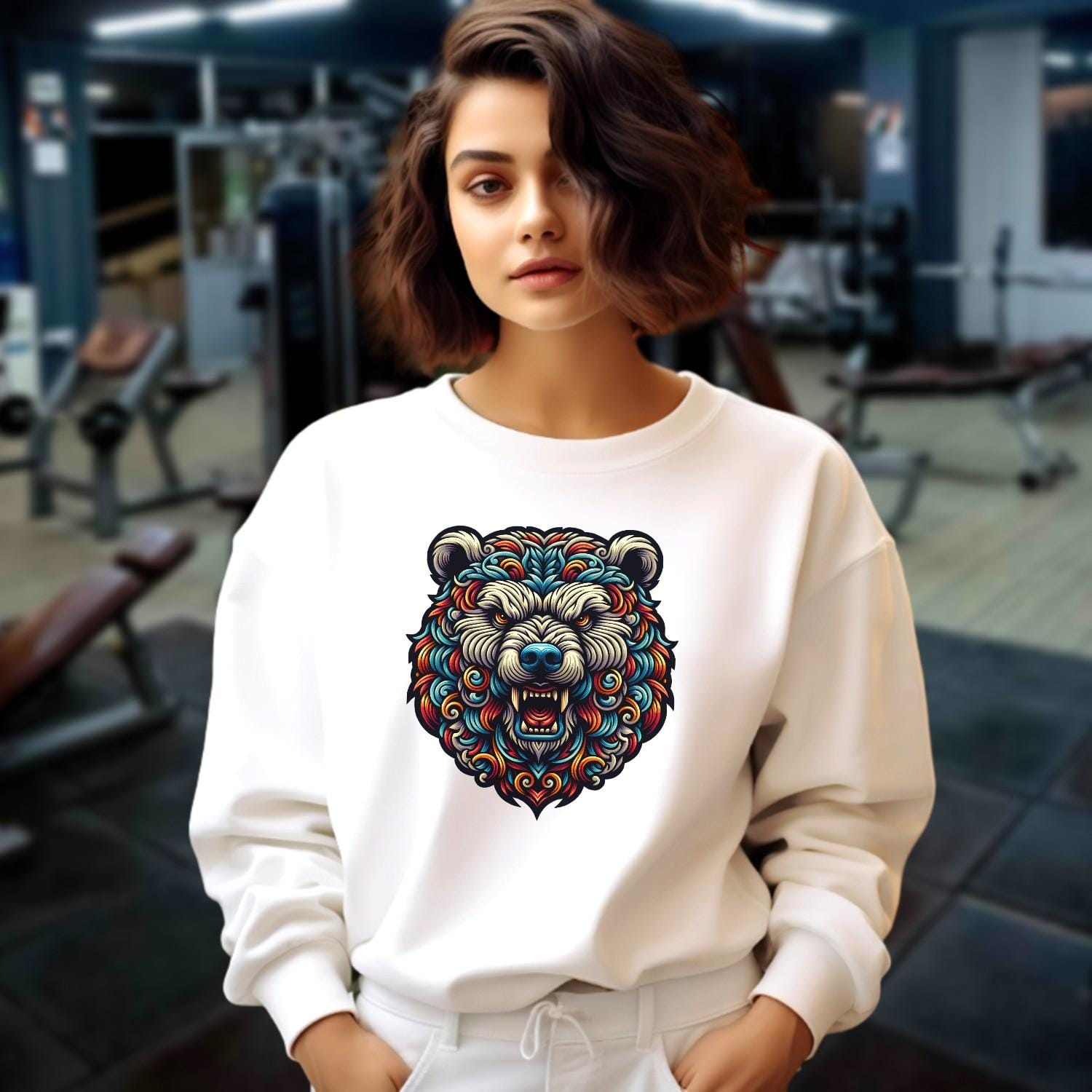 "Bold gym crewneck sweatshirt featuring a vibrant bear graphic symbolizing strength and ferocity, perfect for workouts and fitness enthusiasts."