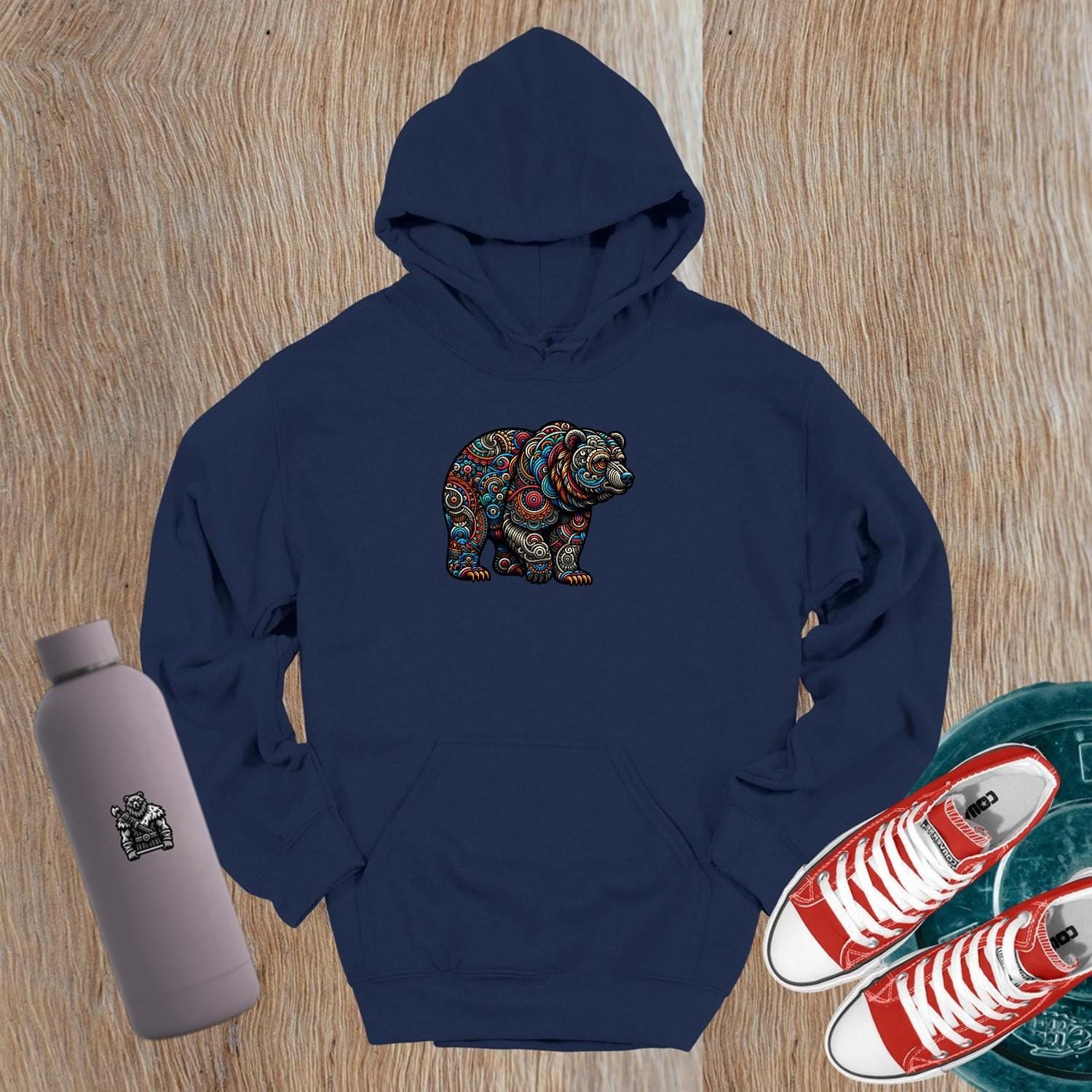"Vibrant Bear Hoodie featuring intricate bear graphic, perfect for gym or casual wear. Symbolizes strength, resilience, and power."