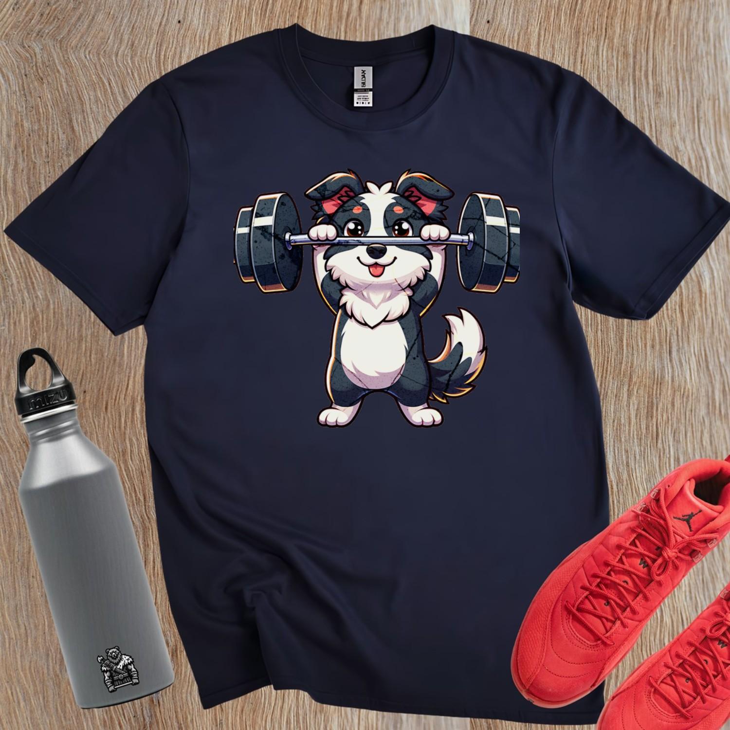 "Playful gym T-shirt with a cute pup lifting weights, vibrant design for fitness lovers, perfect for workouts and casual outings."