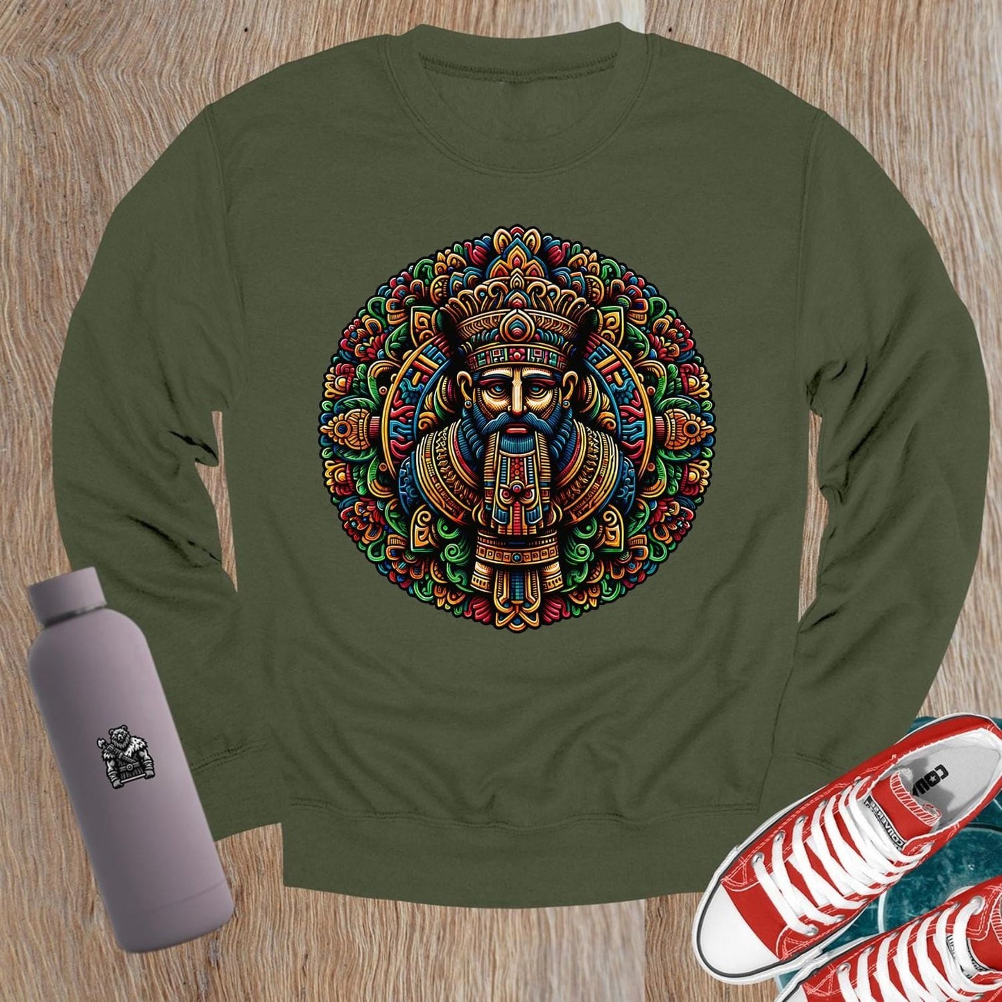 "Vibrant crewneck sweatshirt with dynamic graphic design celebrating strength and resilience, perfect for gym wear and casual outings."