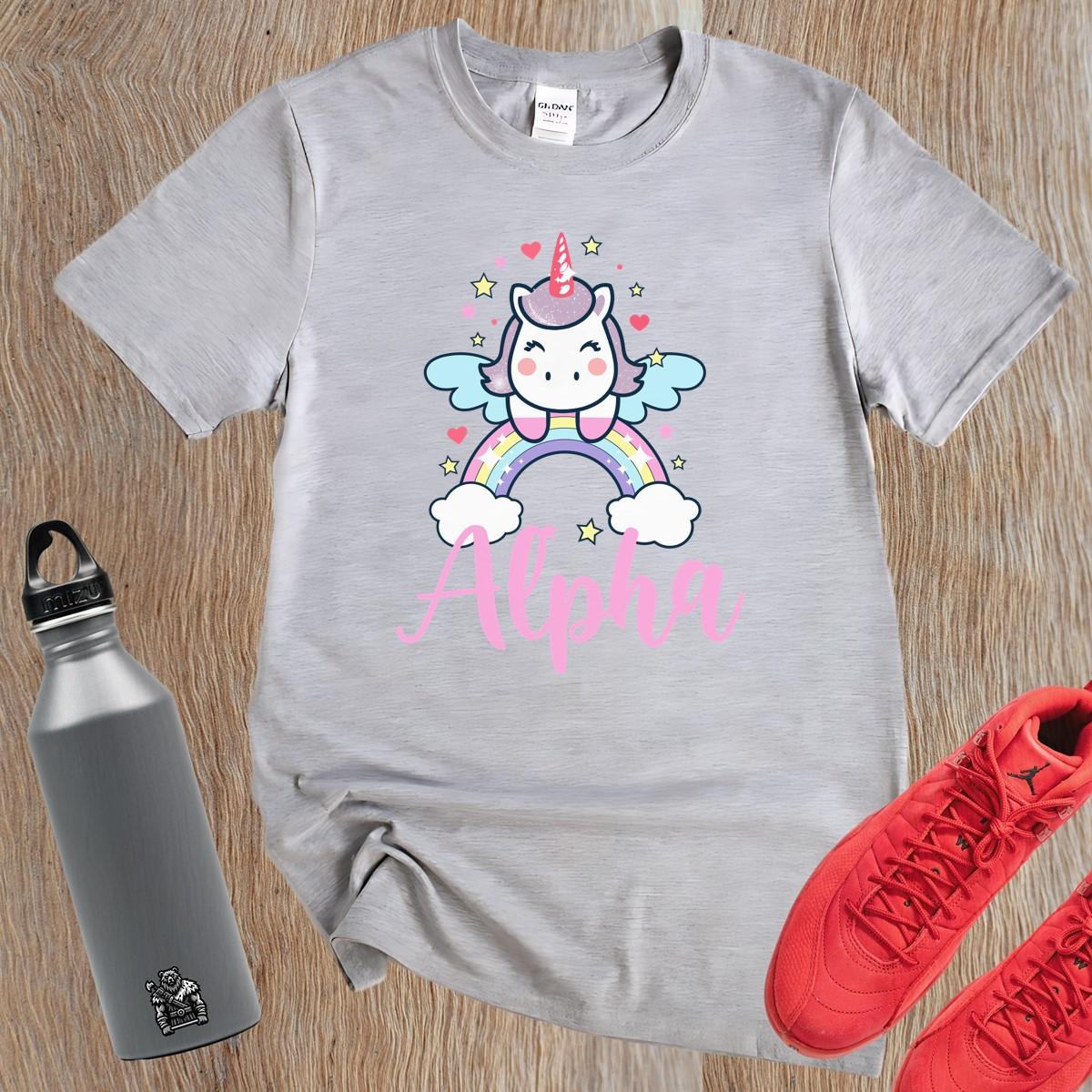 "Colorful Alpha T-shirt featuring a cute unicorn, rainbows, and sparkling stars, perfect for gym workouts and showcasing individuality."
