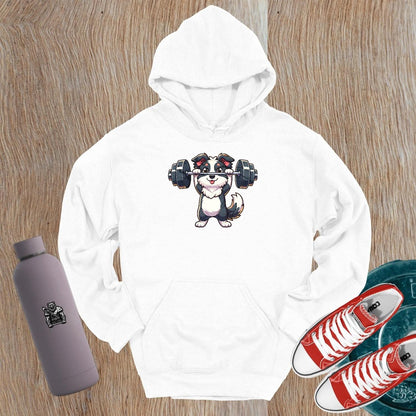 "Vibrant hoodie featuring an adorable lifting puppy, perfect for gym enthusiasts and dog lovers, blending comfort and playful style."
