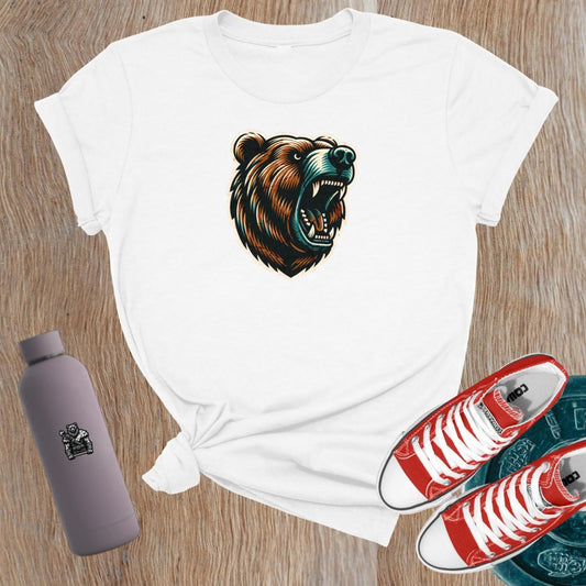 "Bold bear graphic T-shirt for women, symbolizing strength and determination, perfect for lifting and gym workouts. Inspiring fitness wear."