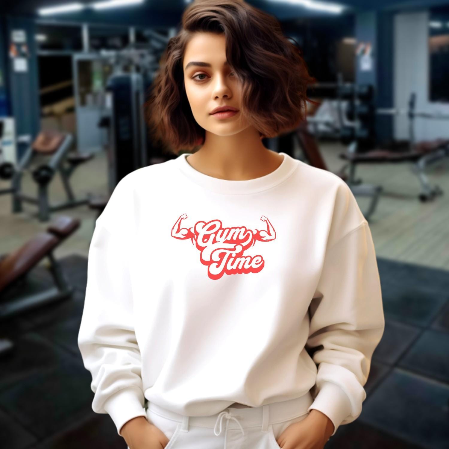 "Vibrant 'Gym Time' crewneck sweatshirt showcasing a bold fitness design, perfect for workouts or relaxation, blending style with motivation."