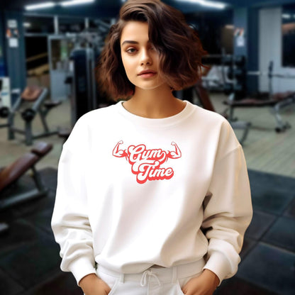 "Vibrant 'Gym Time' crewneck sweatshirt showcasing a bold fitness design, perfect for workouts or relaxation, blending style with motivation."