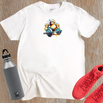 Playful gym T-shirt featuring vibrant chicks lifting weights, showcasing a fun, fierce spirit perfect for energetic workouts and fitness style.