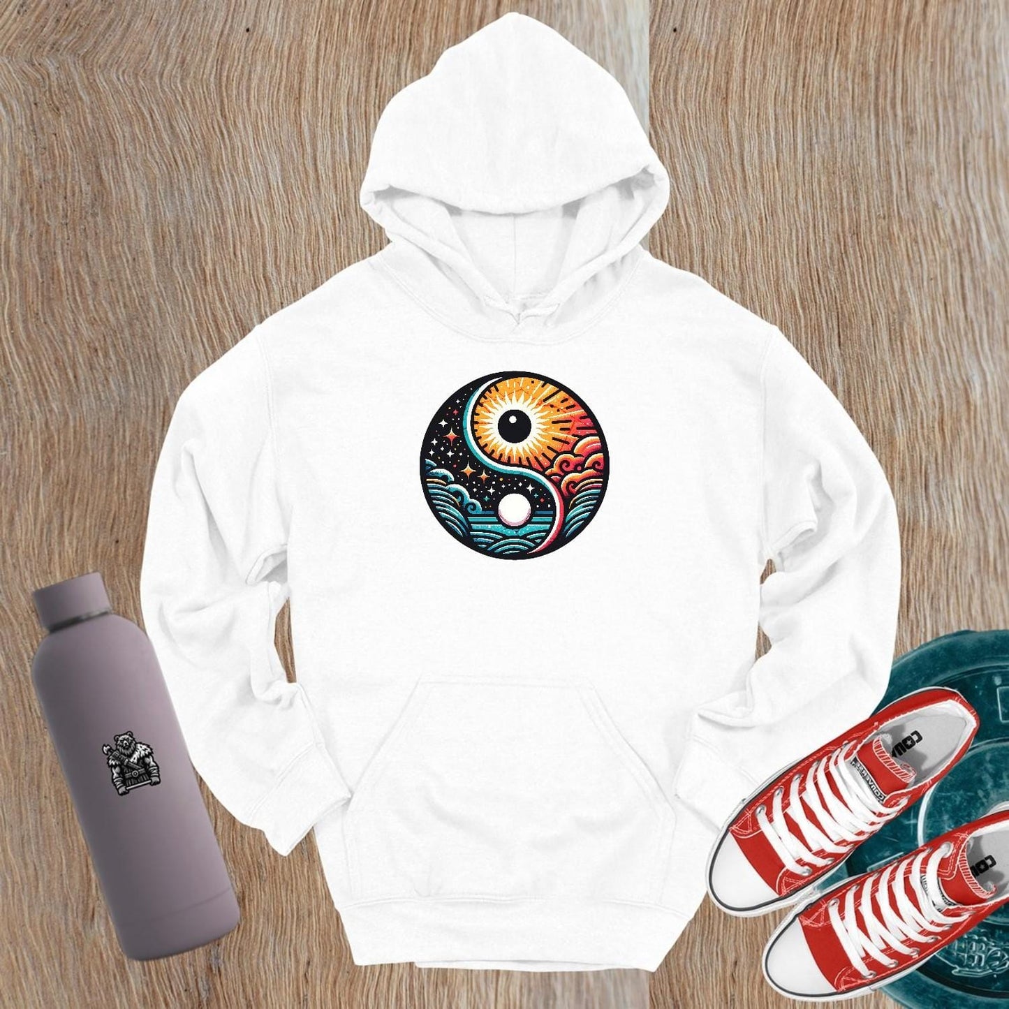 "Vibrant gym hoodie featuring a dynamic yin-yang design, symbolizing balance and harmony, perfect for active workouts and casual style."