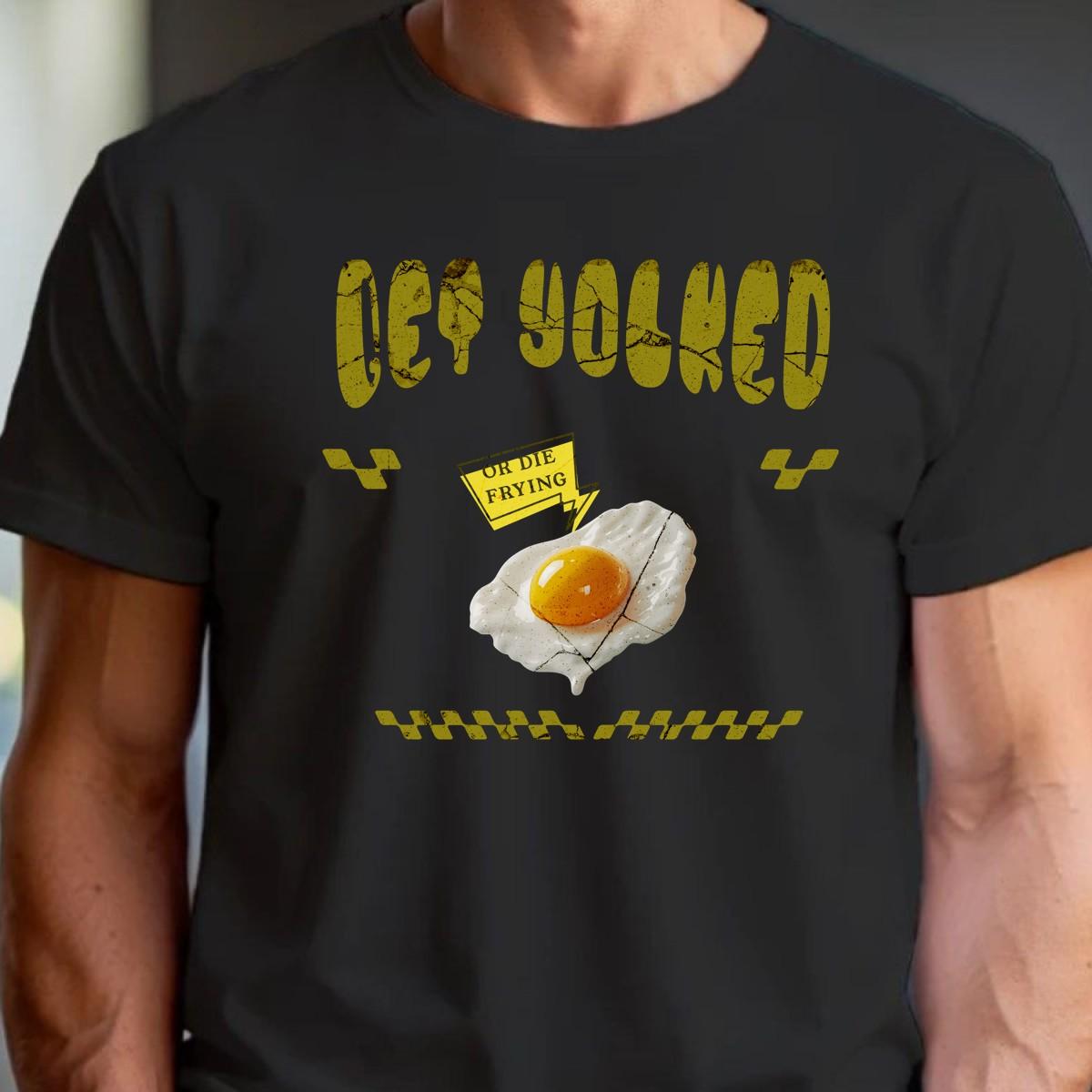 "Bold 'Get Yolked' T-shirt featuring a playful fried egg design, perfect for gym workouts or casual outings. Fitness fashion statement."