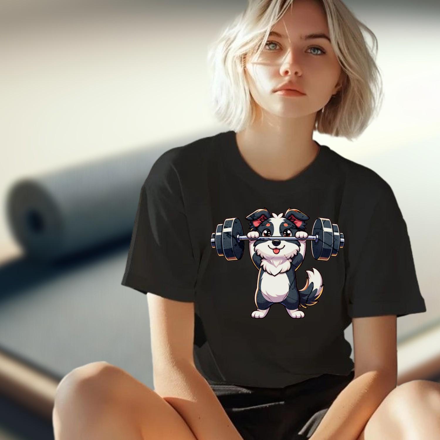 "Playful gym T-shirt with a cute pup lifting weights, vibrant design for fitness lovers, perfect for workouts and casual outings."