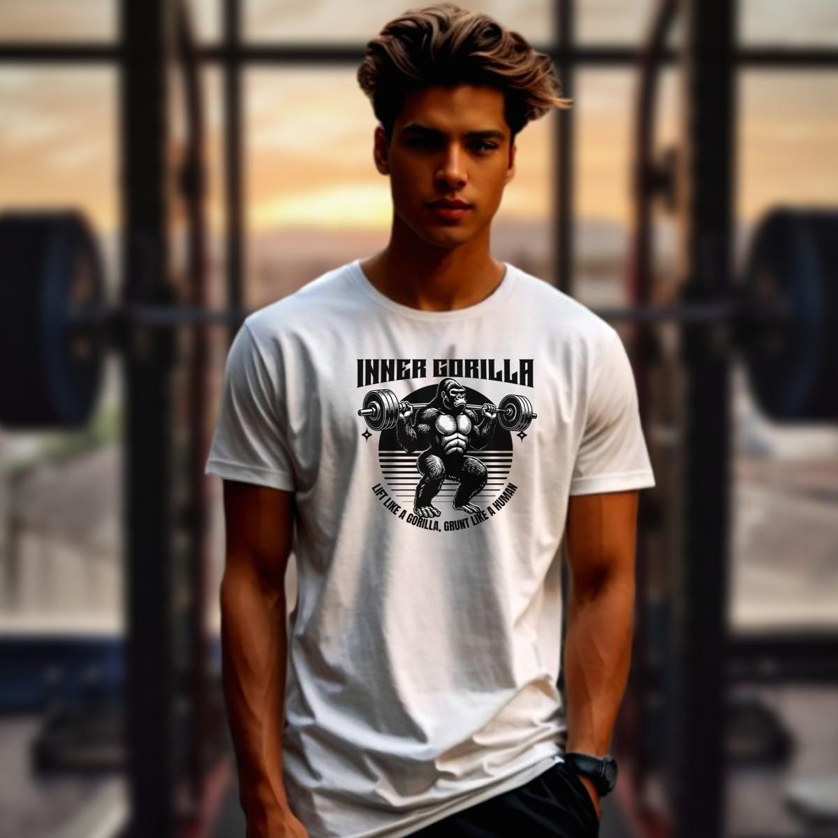 Alt text: "Gorilla Gym T-Shirt featuring a bold graphic of a powerful gorilla lifting weights, symbolizing strength and fitness motivation."