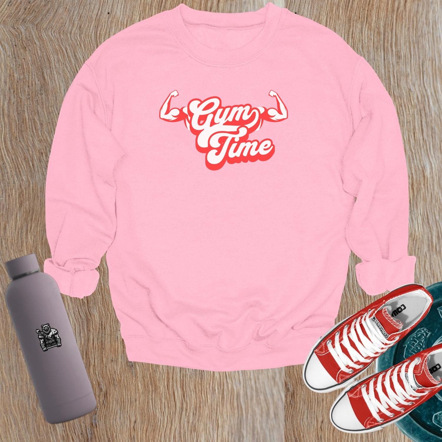 "Vibrant 'Gym Time' crewneck sweatshirt showcasing a bold fitness design, perfect for workouts or relaxation, blending style with motivation."