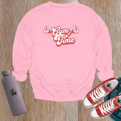 "Vibrant 'Gym Time' crewneck sweatshirt showcasing a bold fitness design, perfect for workouts or relaxation, blending style with motivation."