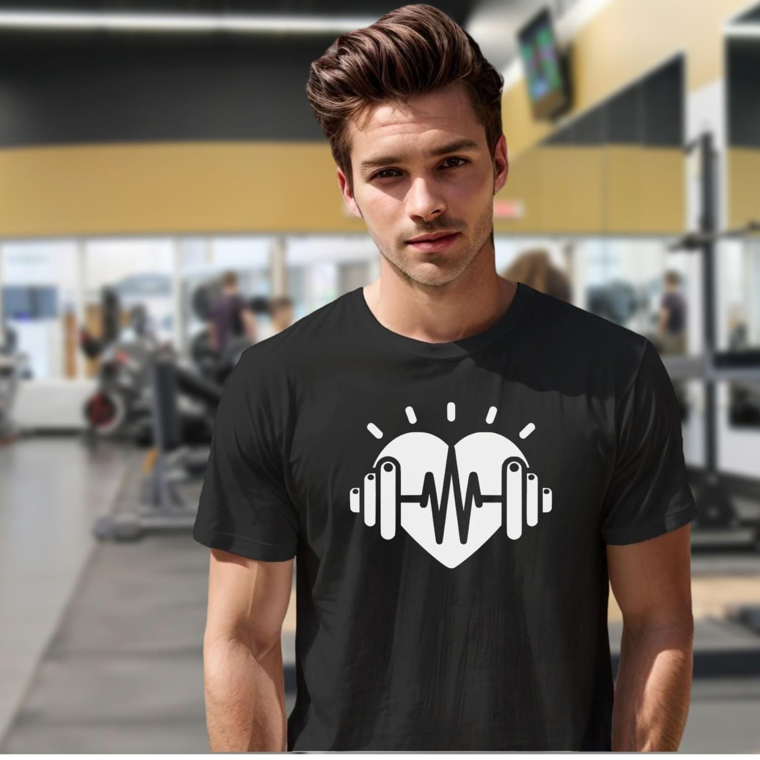 Dynamic gym T-shirt featuring a heart and weights graphic, symbolizing fitness dedication, perfect for workouts and casual wear.