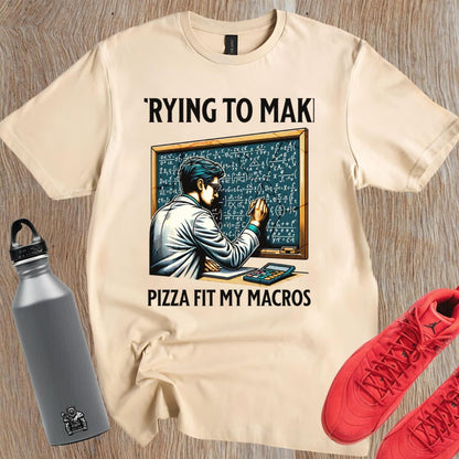Alt text: "Humorous gym T-shirt design featuring a lab-coated character calculating pizza macros, perfect for fitness enthusiasts who love food."