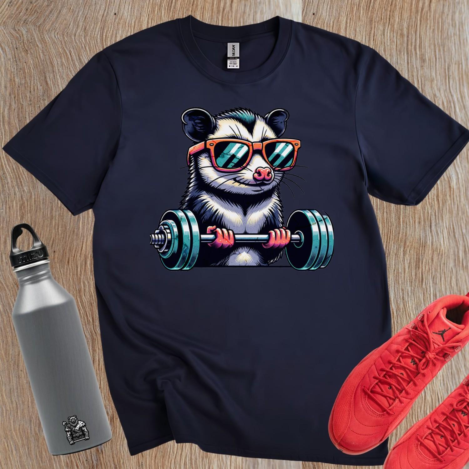"Vibrant gym T-shirt featuring a playful fitness critter design, perfect for motivating athletes and adding style to workout attire."