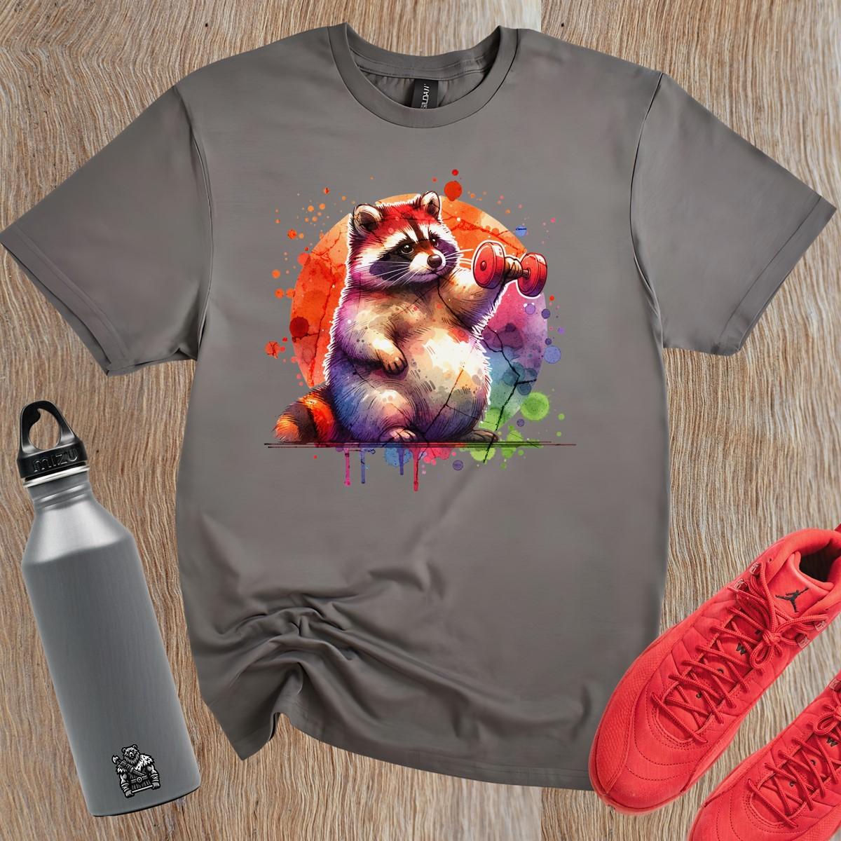 "Whimsical raccoon lifting weights on a vibrant gym T-shirt, perfect for fitness lovers and animal enthusiasts. Stylish workout attire."
