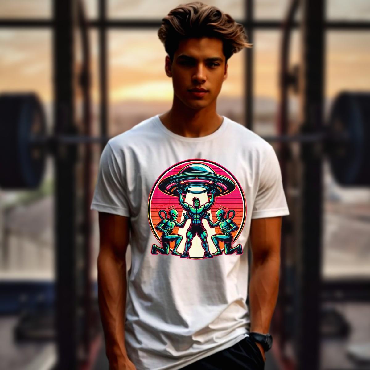 "Vibrant alien-themed gym T-shirt featuring bold graphics, perfect for fitness enthusiasts aiming to inspire confidence and creativity."