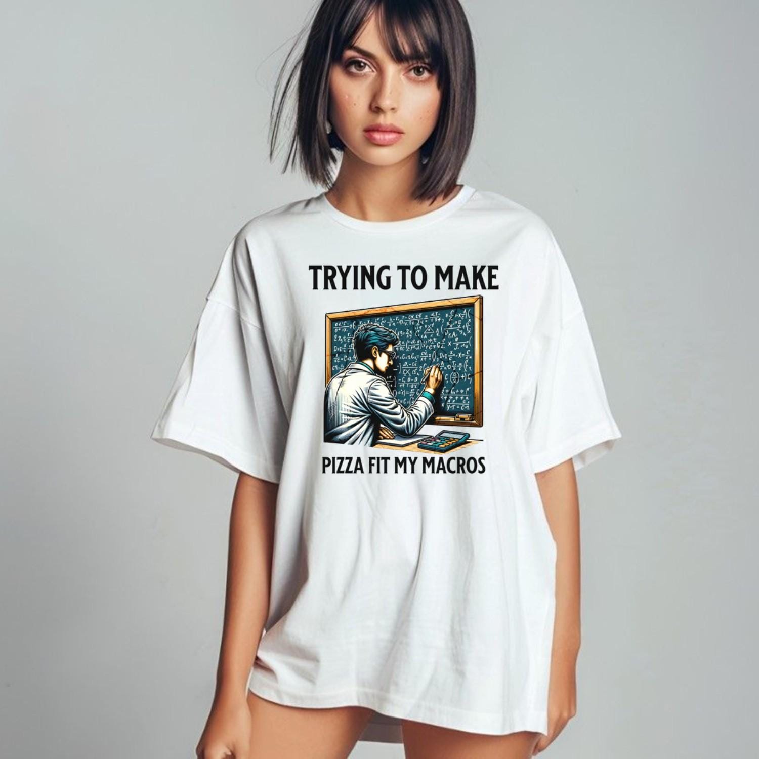 Alt text: "Humorous gym T-shirt design featuring a lab-coated character calculating pizza macros, perfect for fitness enthusiasts who love food."