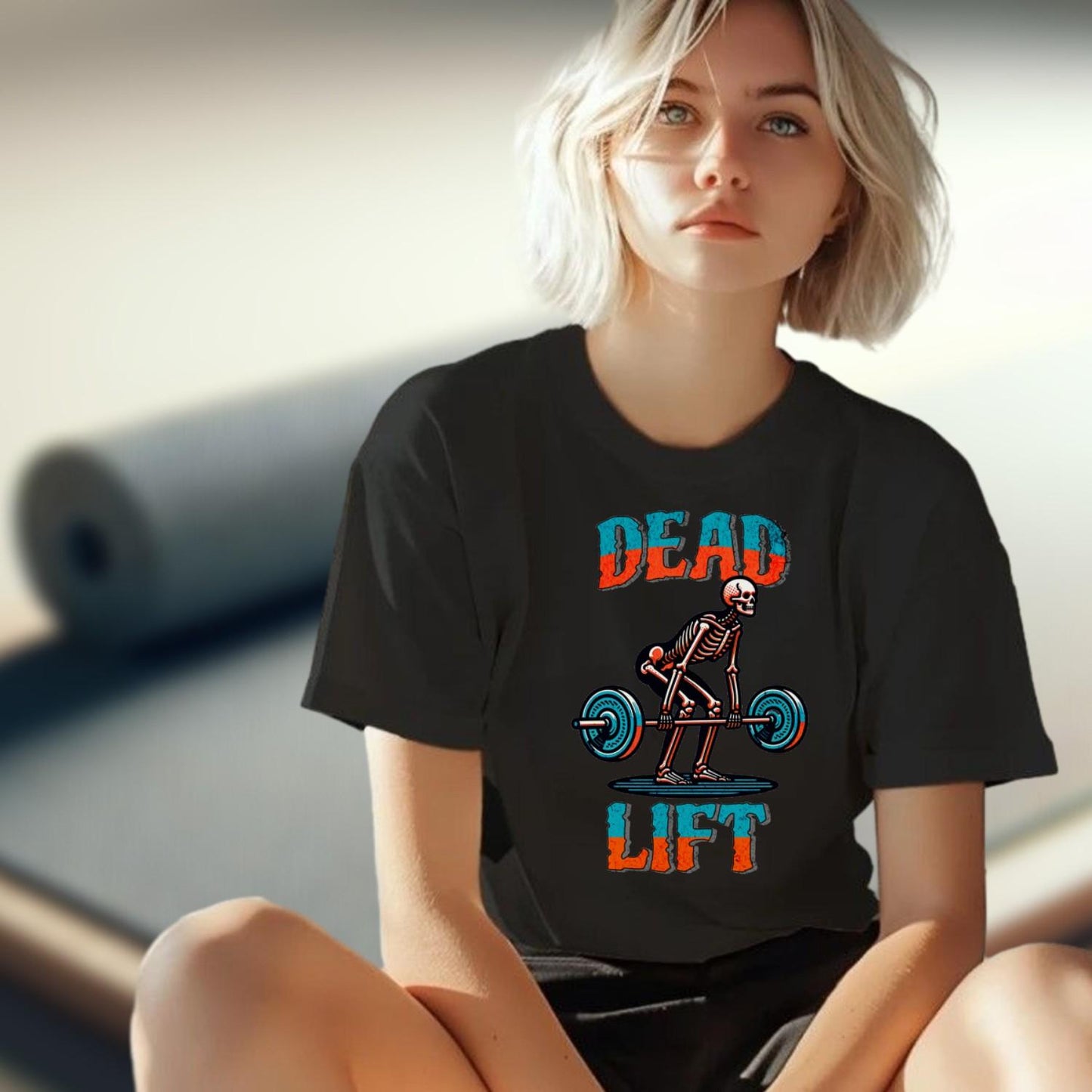 "Black 'Dead Lift' T-shirt featuring a bold skeleton graphic, ideal for fitness enthusiasts, showcasing passion for weightlifting."