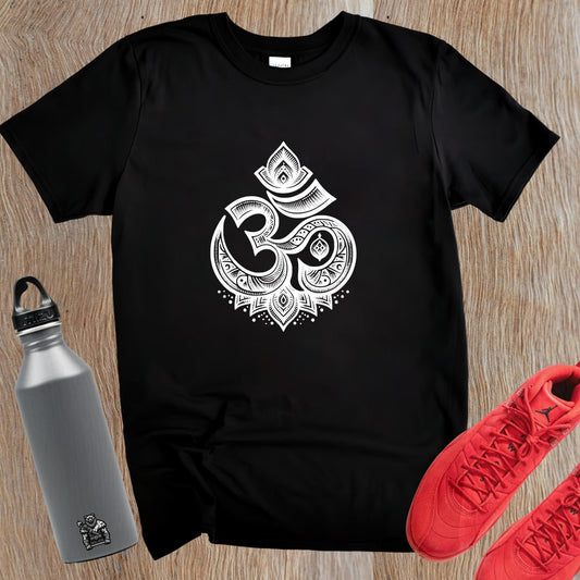 "Bold graphic gym T-shirt featuring an intricately designed Om symbol, promoting peace, mindfulness, and inner strength for fitness enthusiasts."