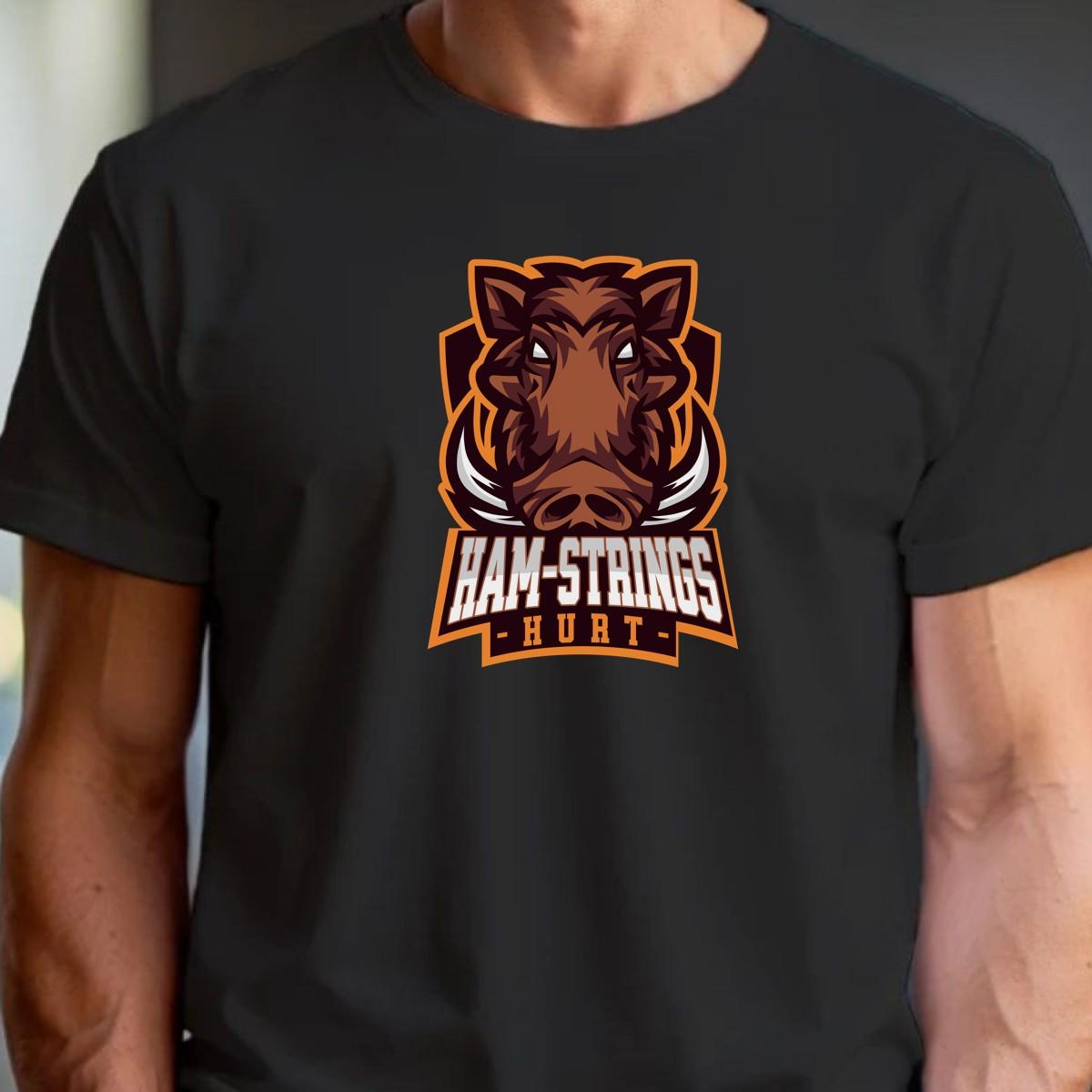 Alt text: "Bold gym T-shirt featuring a fierce wild boar graphic with the text 'Ham-Strings Hurt,' ideal for dedicated fitness enthusiasts."