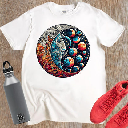 "Vibrant Cosmic Flow T-Shirt featuring an intricate graphic of strength and serenity, perfect for workouts and casual outings."