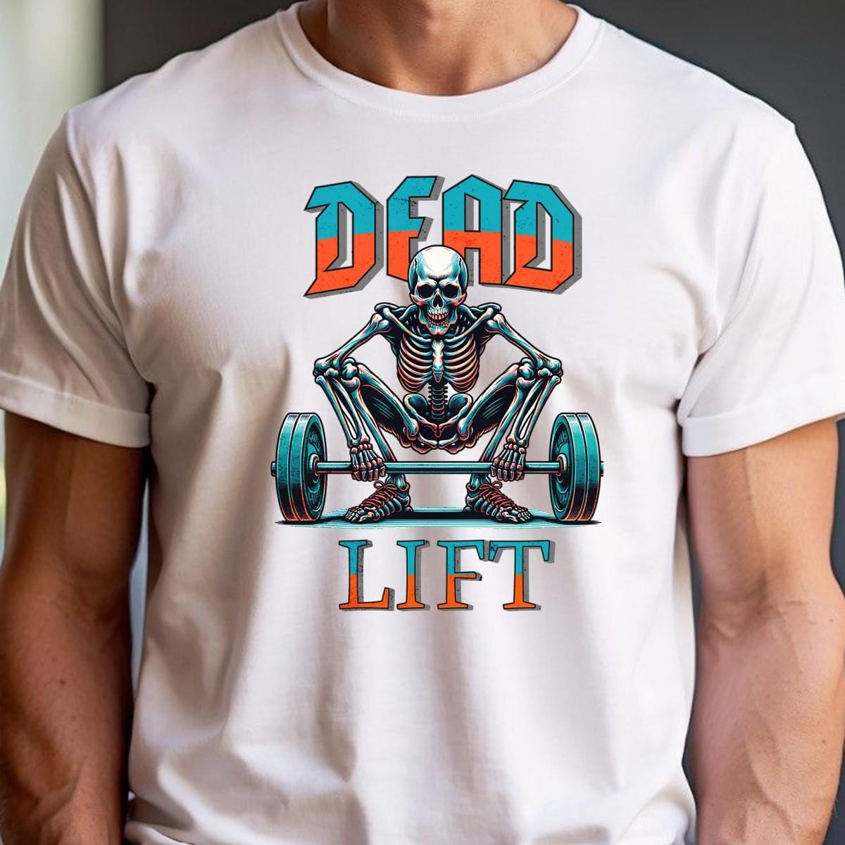 "Graphic T-shirt featuring a skeleton lifting weights, perfect for fitness enthusiasts. Bold design ideal for gym workouts and casual wear."
