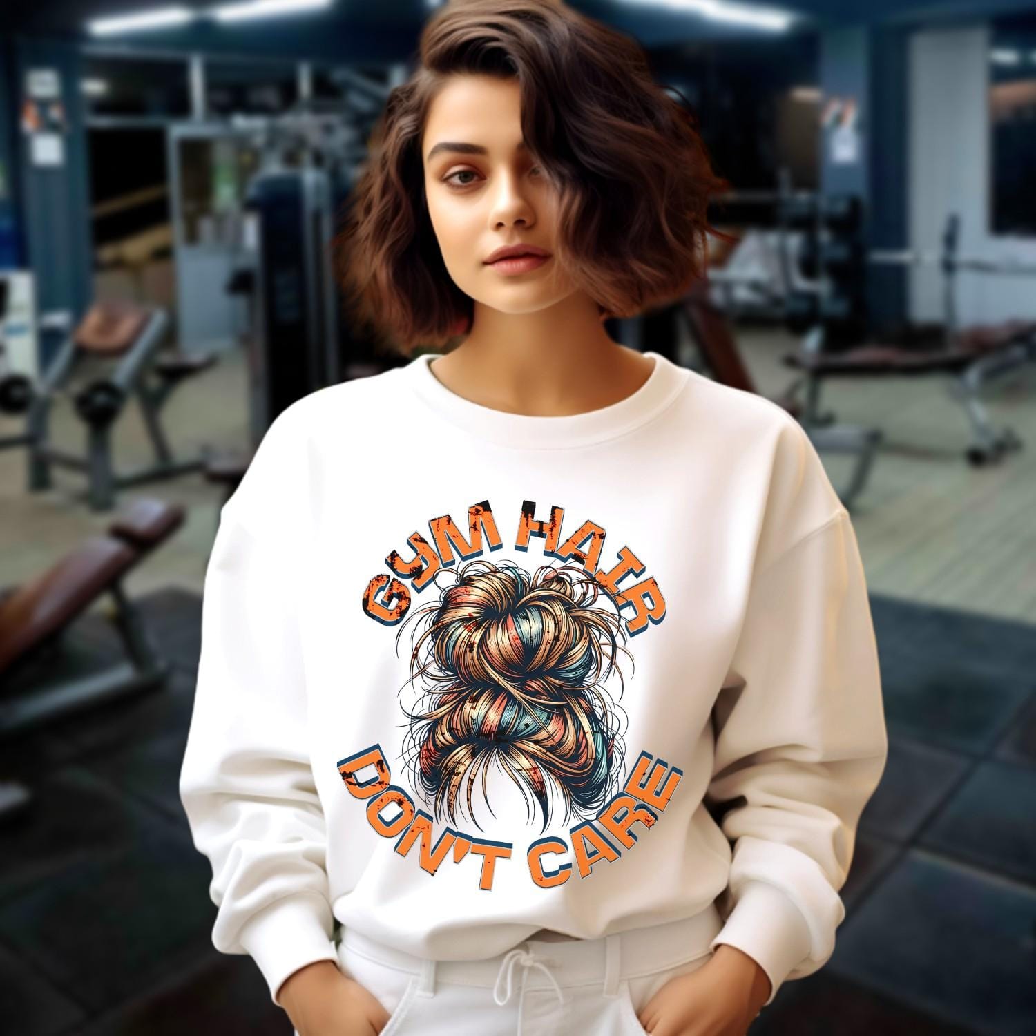 Alt text: "Bold 'Gym Hair Don't Care' sweatshirt design featuring a stylish crewneck, ideal for workouts or casual wear, celebrating gym culture."