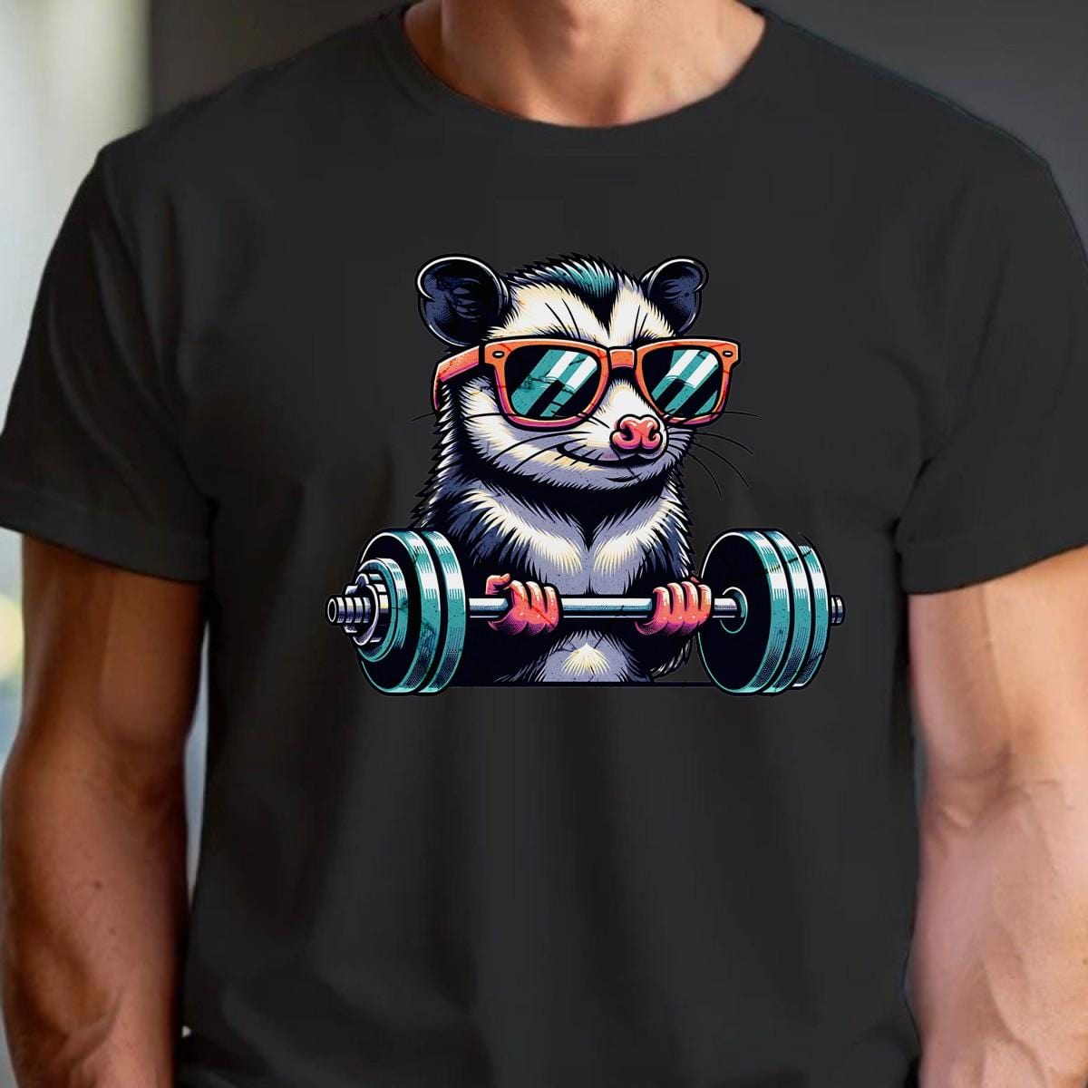 "Vibrant gym T-shirt featuring a playful fitness critter design, perfect for motivating athletes and adding style to workout attire."