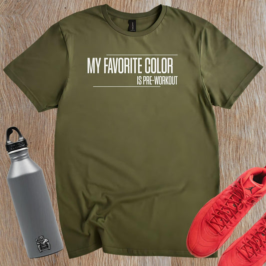 "Vibrant gym T-shirt with cheeky slogan 'My Favorite Color is Pre-Workout,' showcasing athletic style and motivation for fitness enthusiasts."