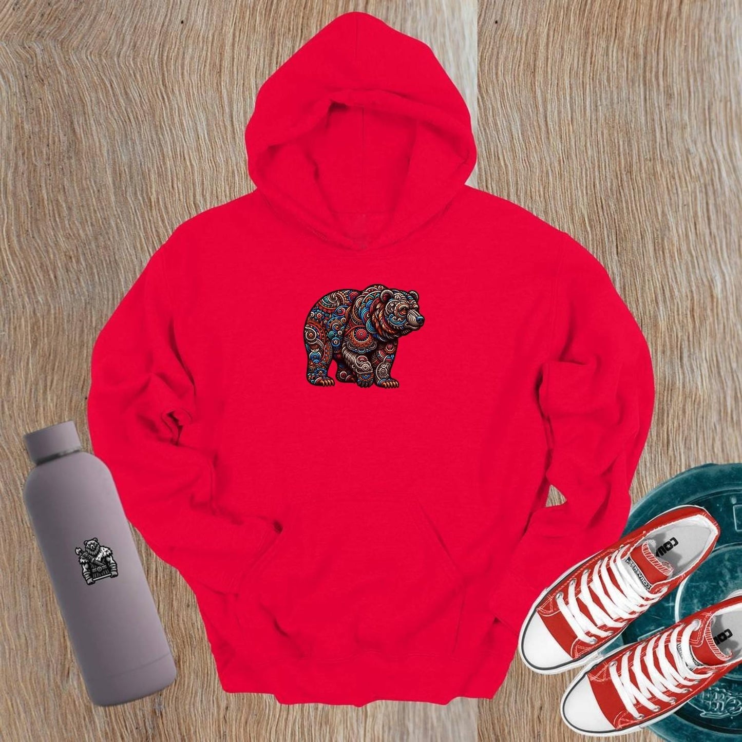 "Vibrant Bear Hoodie featuring intricate bear graphic, perfect for gym or casual wear. Symbolizes strength, resilience, and power."