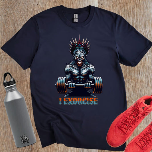 Alt text: "Bold 'I Exorcise' t-shirt featuring a fierce skeletal creature lifting weights, perfect for gym enthusiasts and fitness lovers."