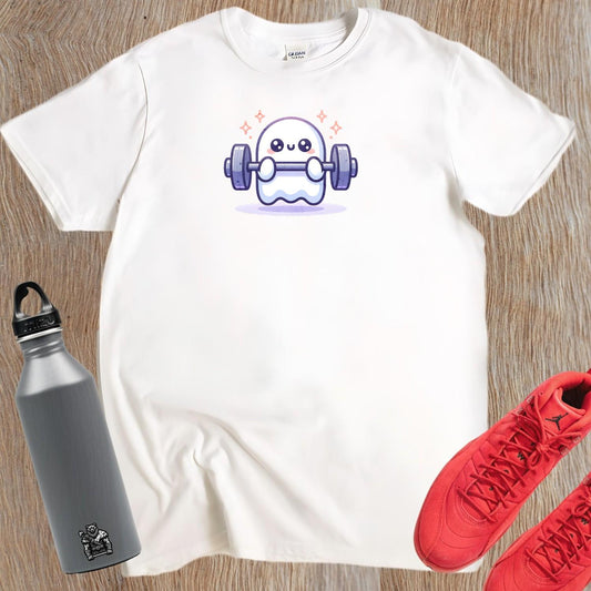 Alt text: "Playful ghost lifting weights on a whimsical Ghost Gym T-Shirt, perfect for gym enthusiasts and casual wear, showcasing unique fitness style."