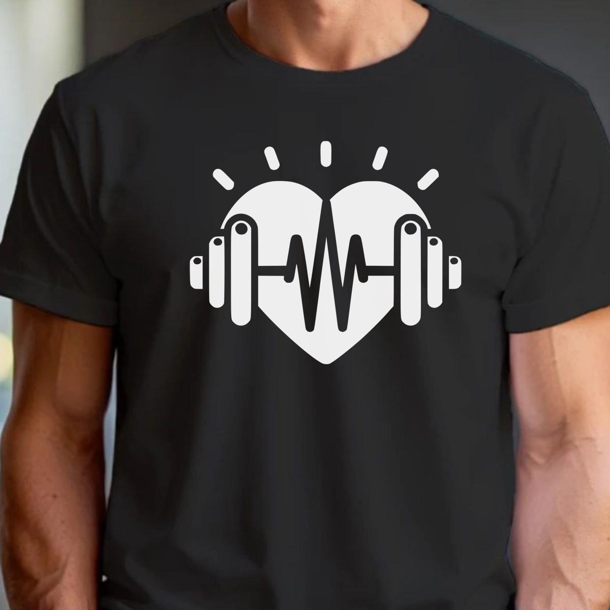 Dynamic gym T-shirt featuring a heart and weights graphic, symbolizing fitness dedication, perfect for workouts and casual wear.