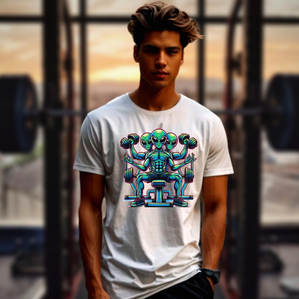 "Colorful graphic of powerful aliens lifting weights on a gym t-shirt, inspiring fitness goals and showcasing unique workout style."